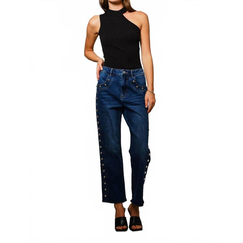 NEW BLUE B metal studded high rise straight leg jeans in dark wash